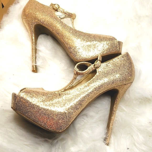 Steve Madden Revaa Gold Glitter Fabric Heels Sparkle bling 10 - Picture 5 of 9